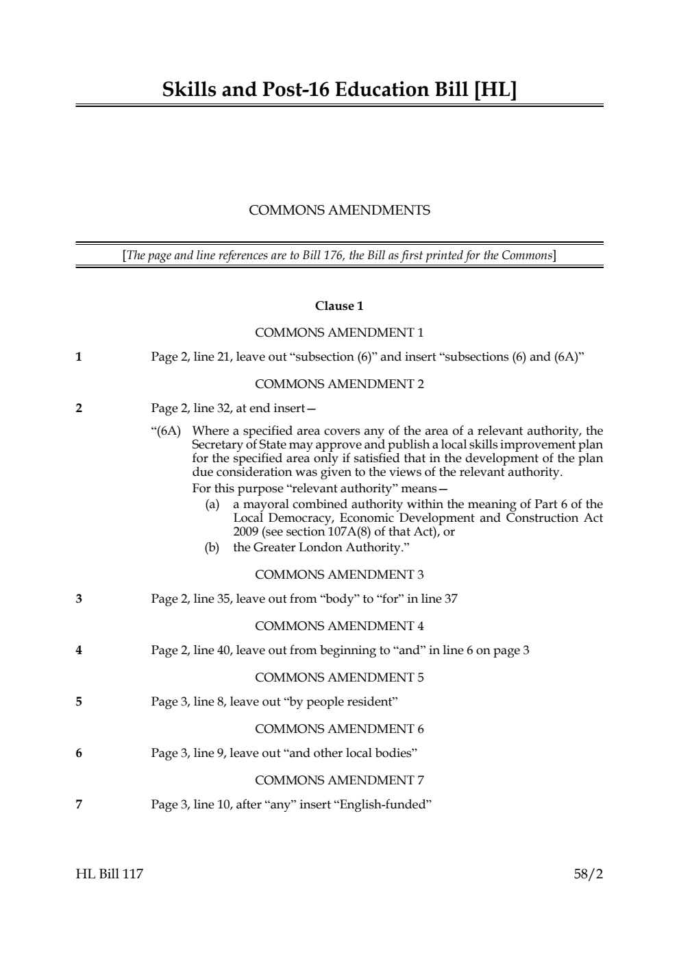 Skills and Post-16 Education Bill Commons Amendments