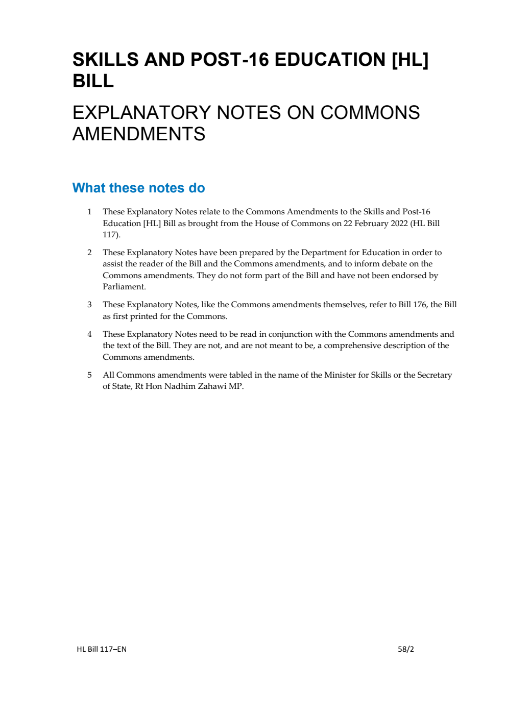 Skills and Post-16 Education Bill Explanatory Notes on Commons Amendments