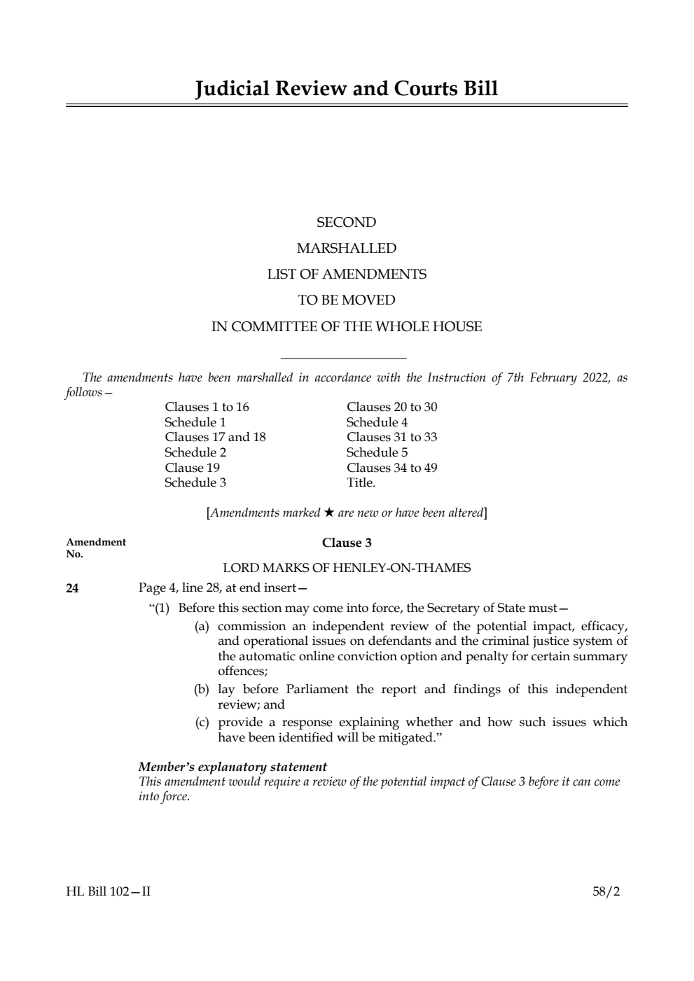 Judicial Review and Courts Bill Second Marshalled List of Amendments to be moved in Committee of the Whole House