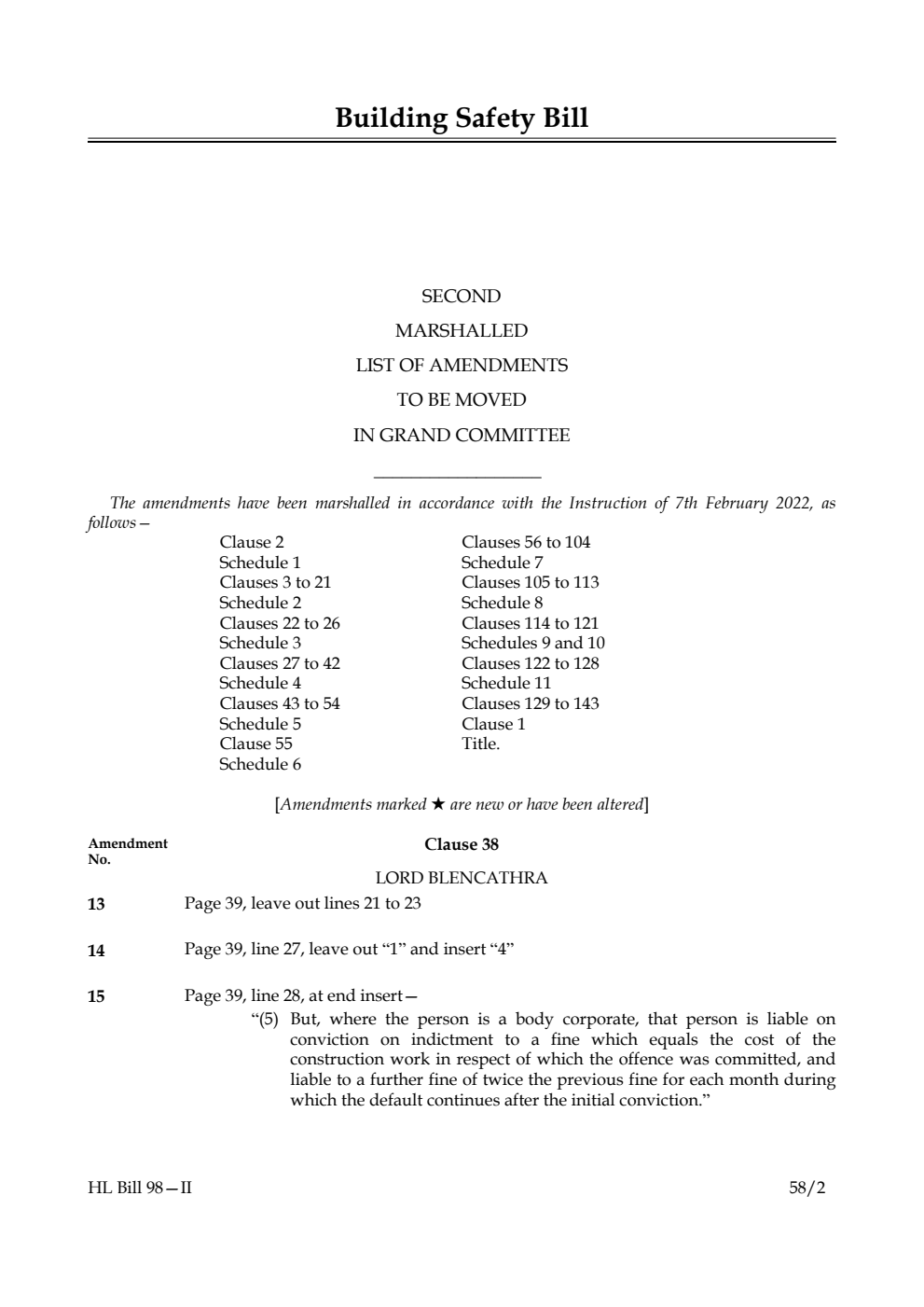 Building Safety Bill Second Marshalled List of Amendments to be moved in Grand Committee