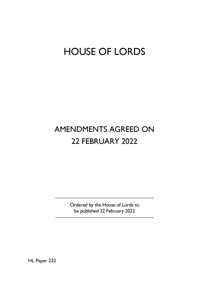 The Standing Orders of the House of Lords Relating to Public Business 2021 Amendment agreed on 22 February 2022