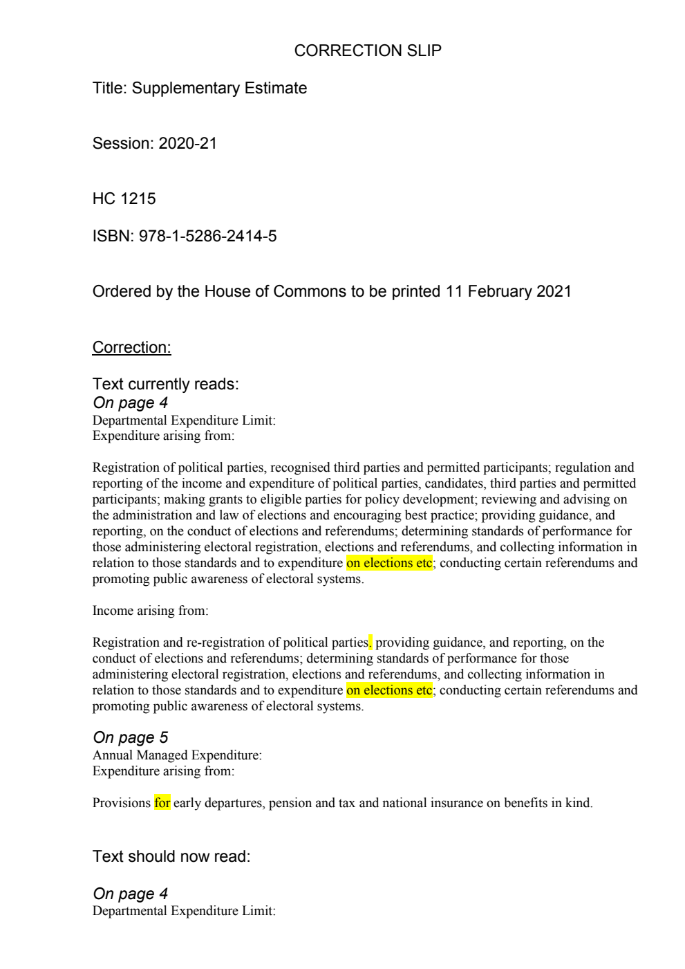Supply Estimate 2020-21 for the year ending 31 March 2021: Supplementary Estimate The Electoral Commission. Correction Slip
