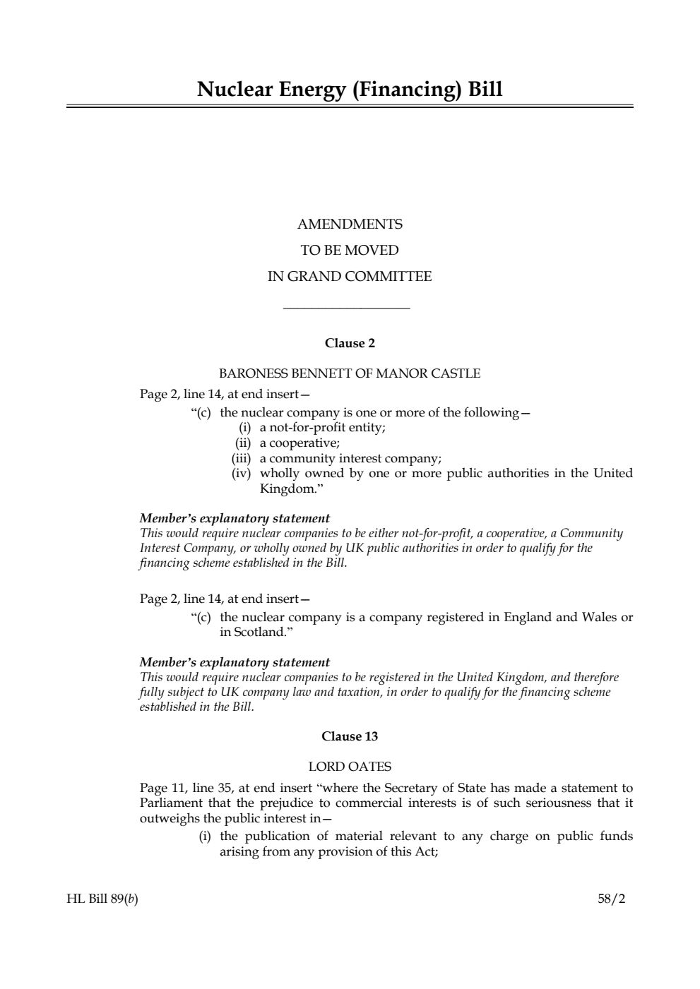 Nuclear Energy (Financing) Bill Amendments to be moved in Grand Committee
