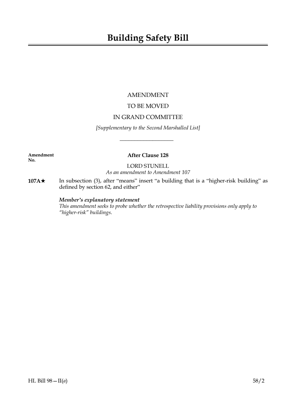 Building Safety Bill Amendment to be moved in Grand Committee [Supplementary to the Second Marshalled List]