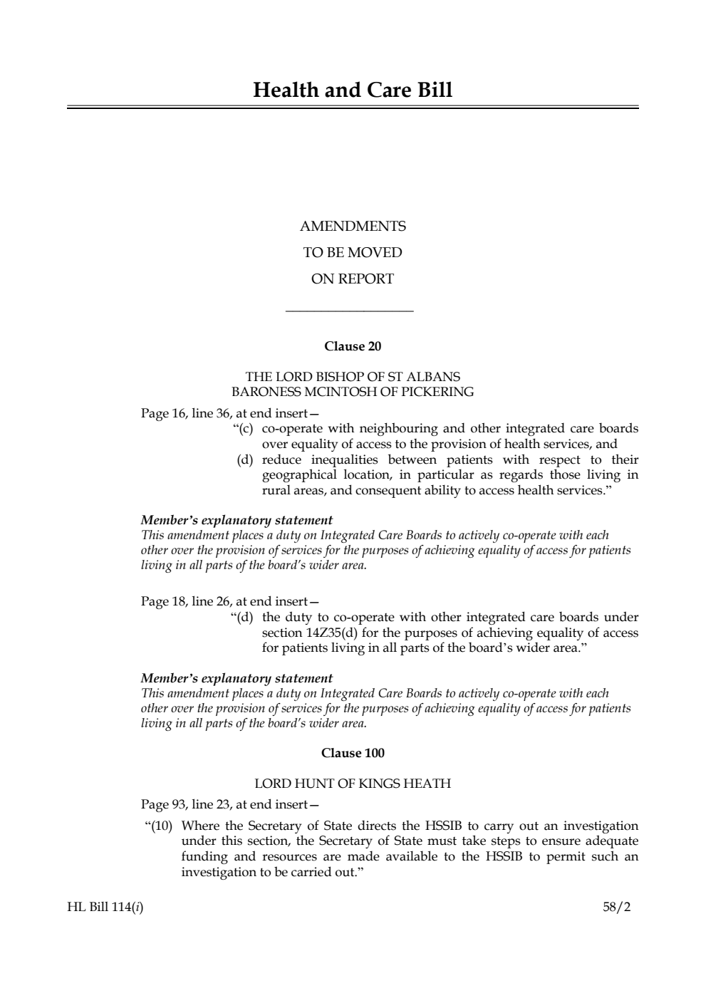 Health and Care Bill Amendments to be moved on Report