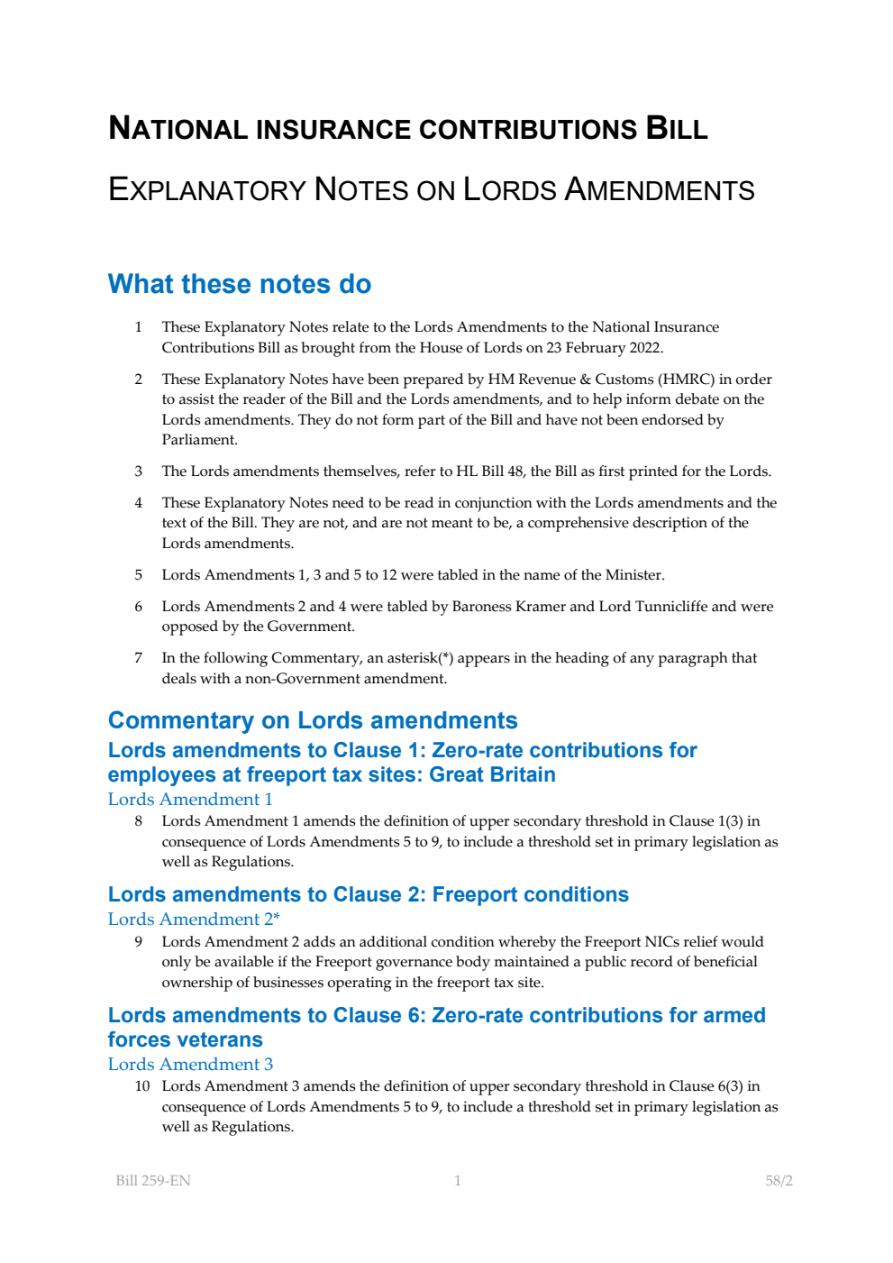 National Insurance Contributions Bill Explanatory Notes on Lords Amendments