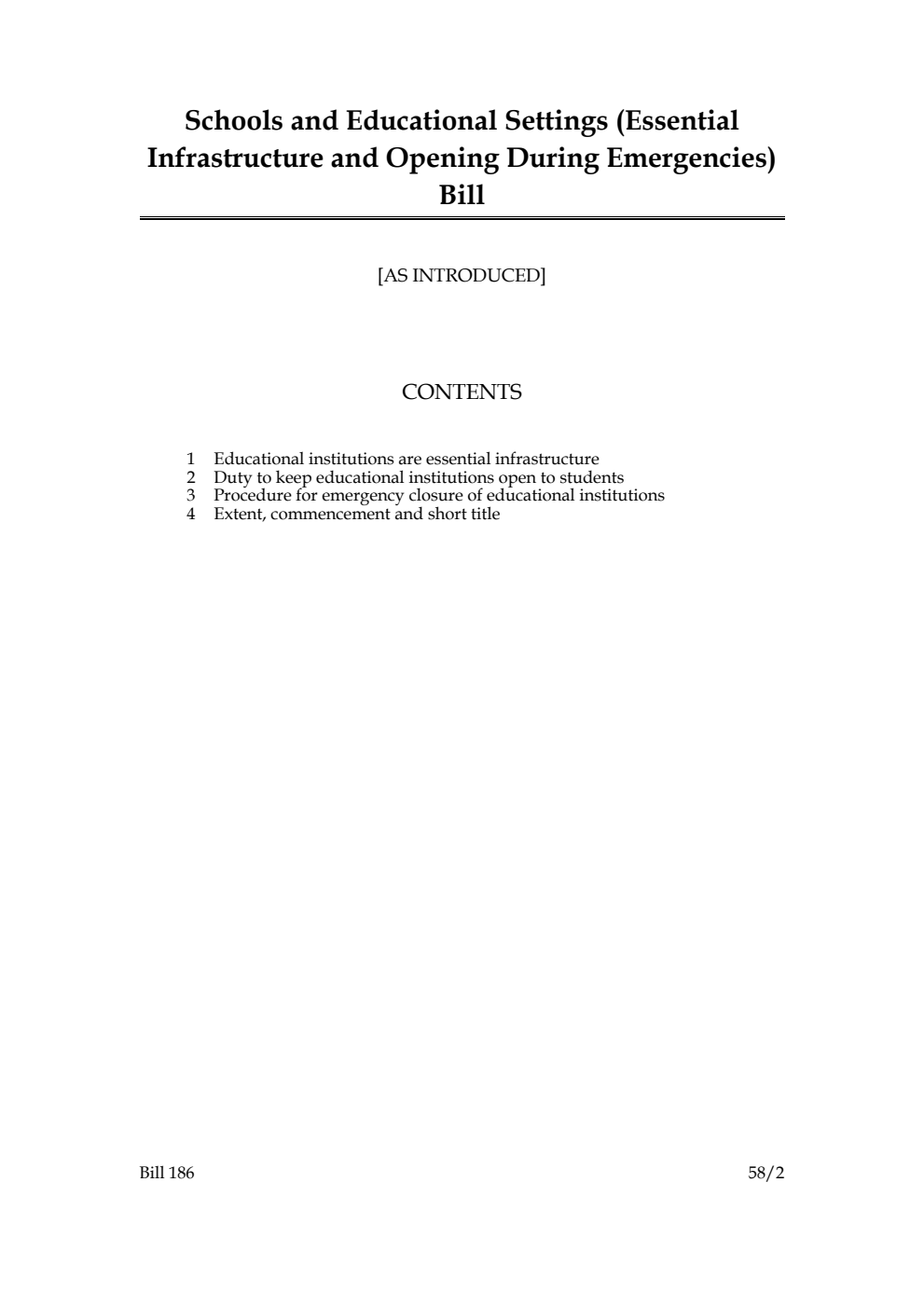Schools and Educational Settings (Essential Infrastructure and Opening During Emergencies) Bill