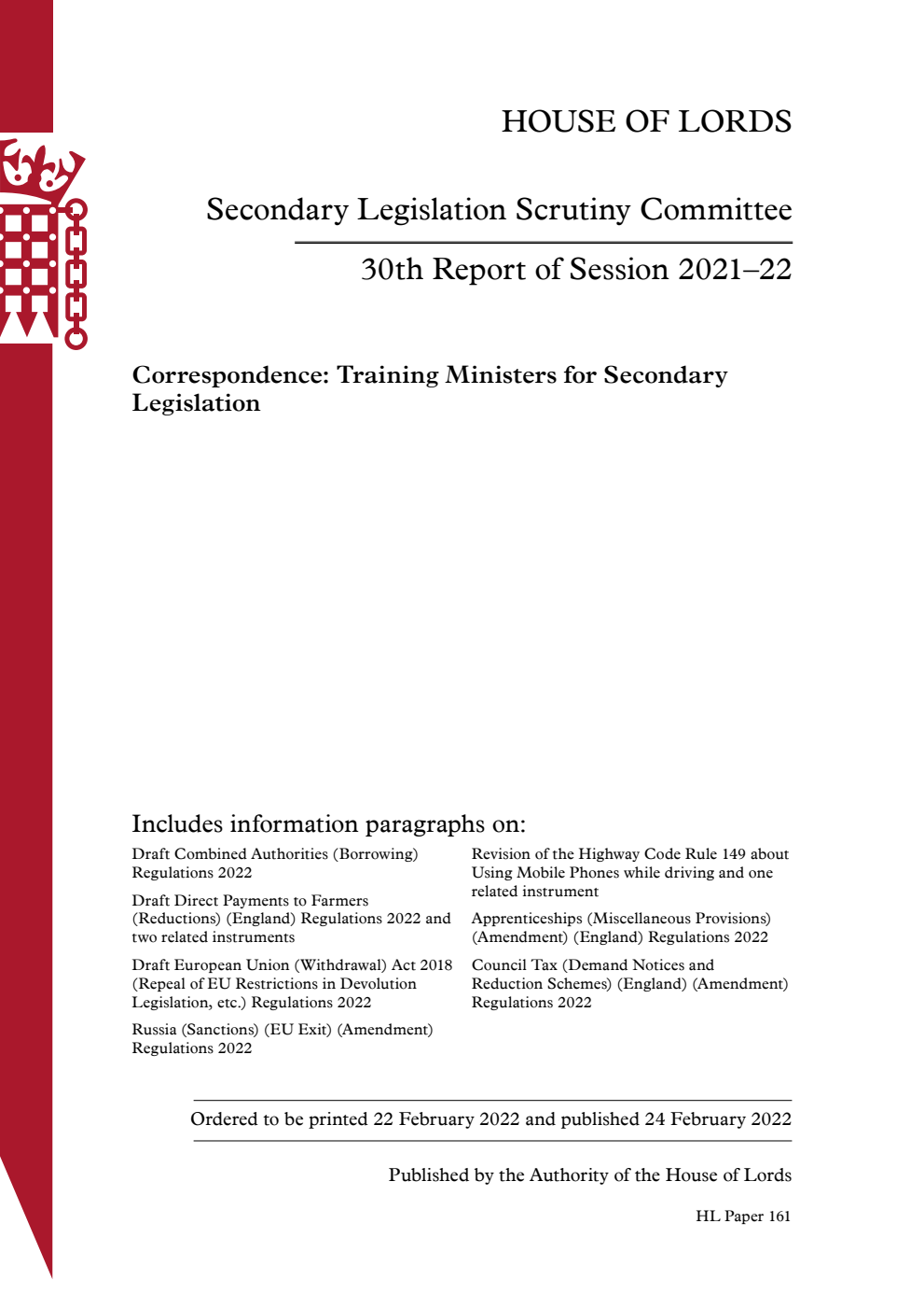 Secondary Legislation Scrutiny Committee 30th Report. Correspondence: Training Ministers for Secondary Legislation