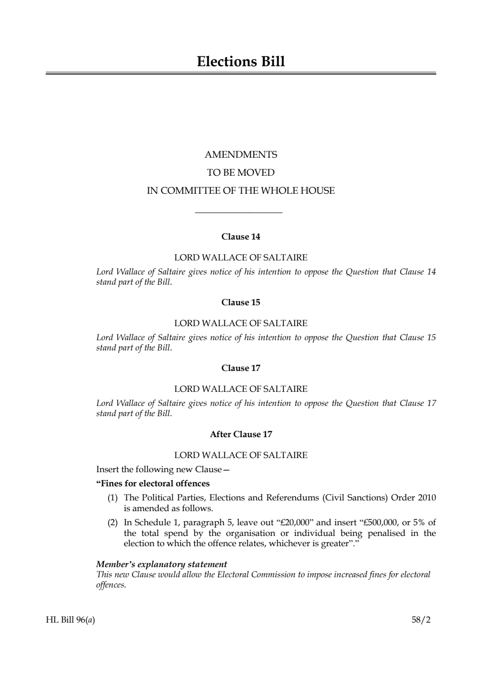 Elections Bill Amendments to be moved in Committee of the Whole House