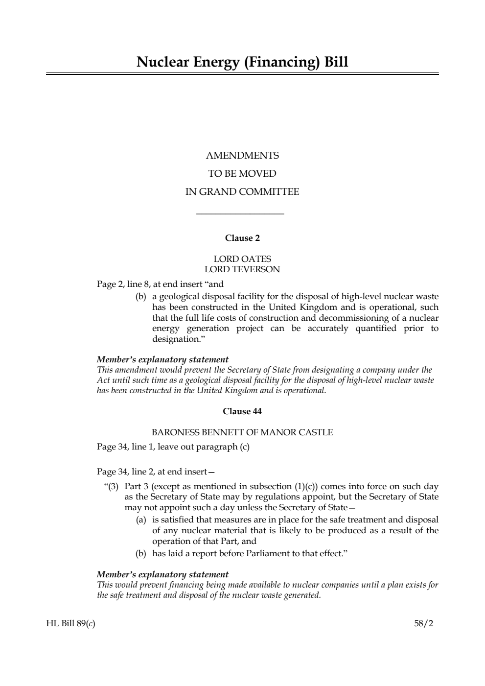 Nuclear Energy (Financing) Bill Amendments to be moved in Grand Committee
