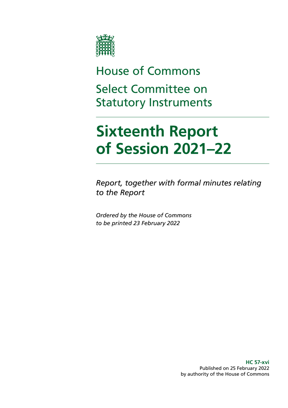 Statutory Instruments Committee 16th Report of Session 2021-22