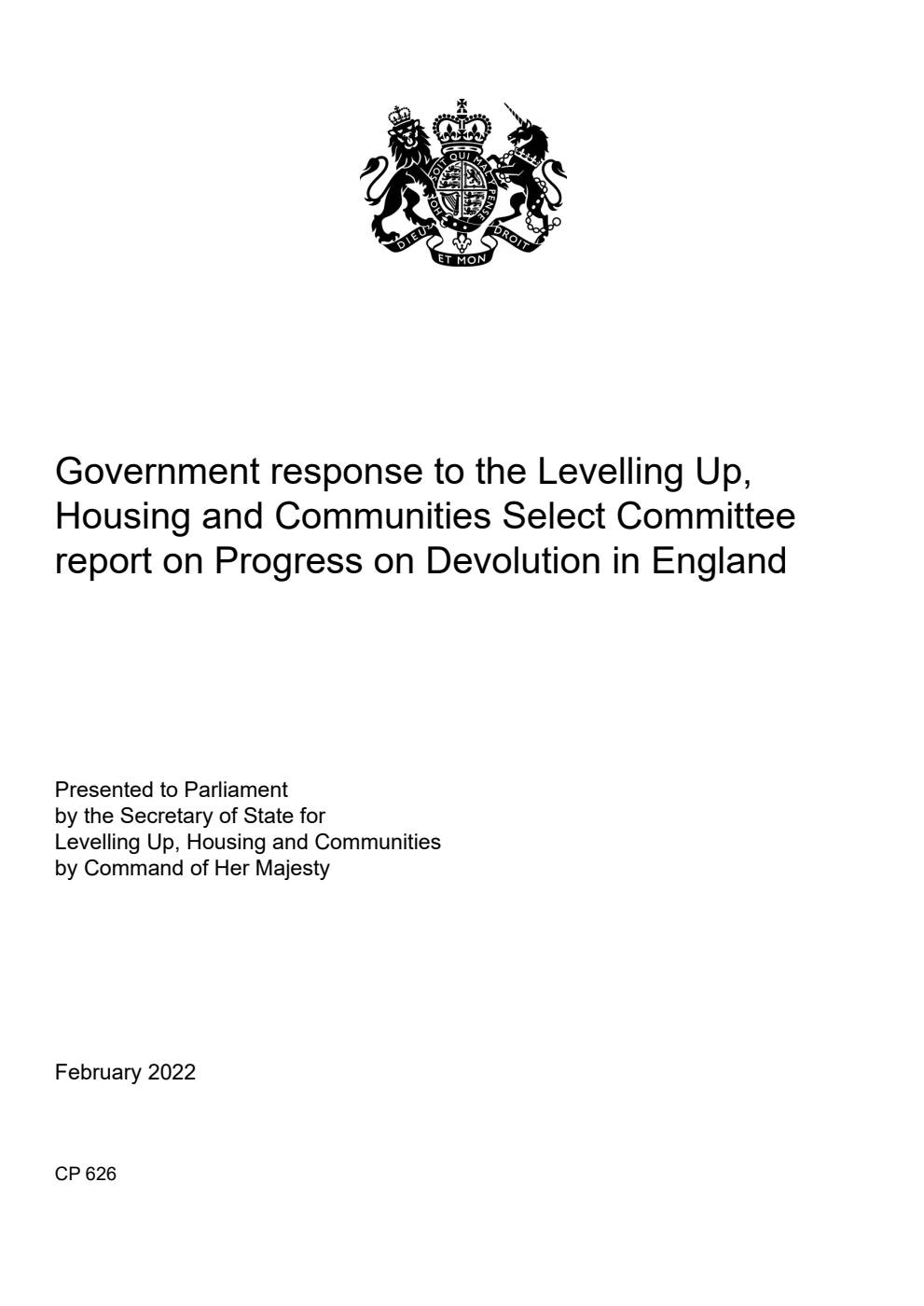 Government response to the Levelling Up, Housing and Communities Select Committee report on Progress on Devolution in England