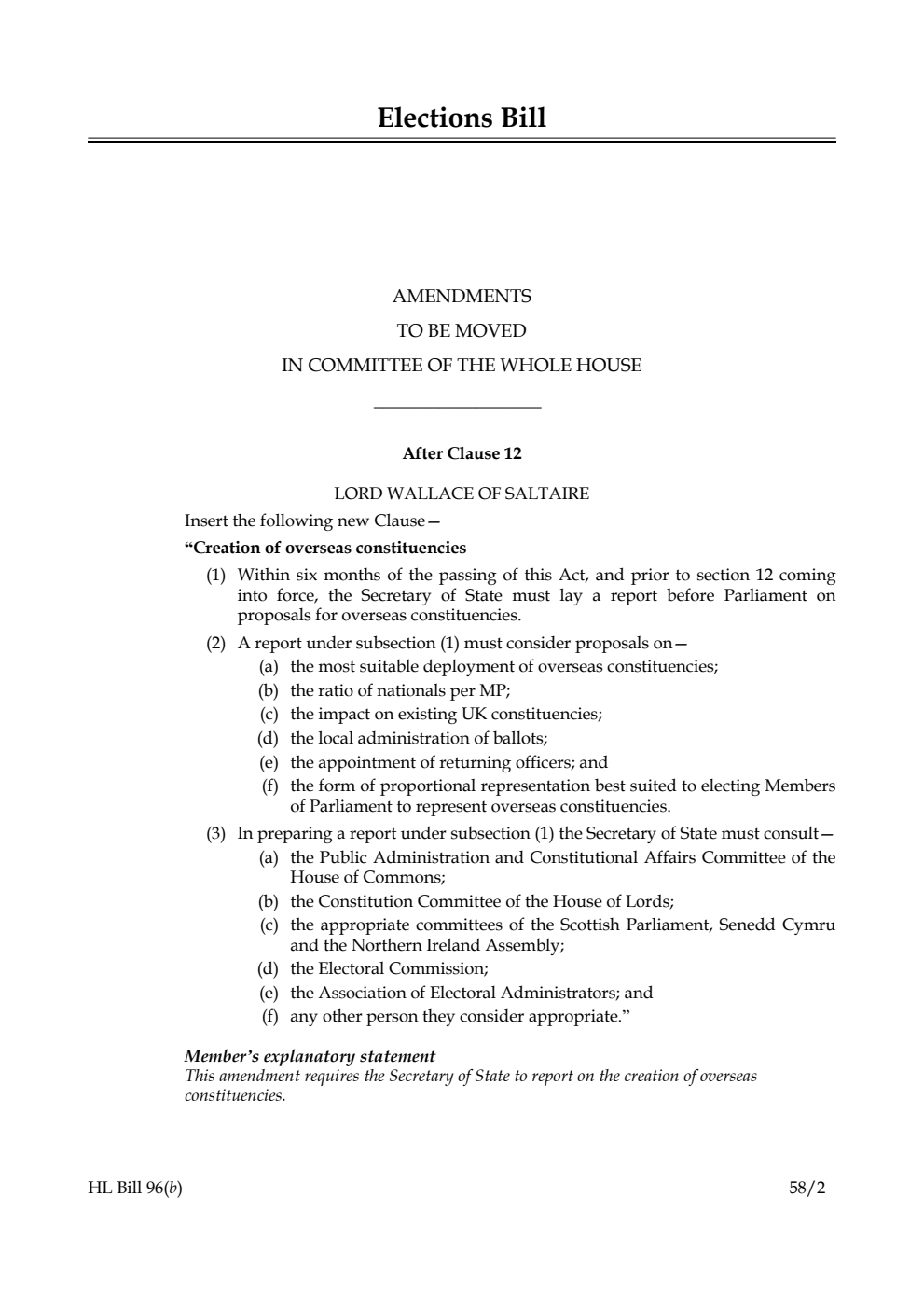 Elections Bill Amendments to be moved in Committee of the Whole House