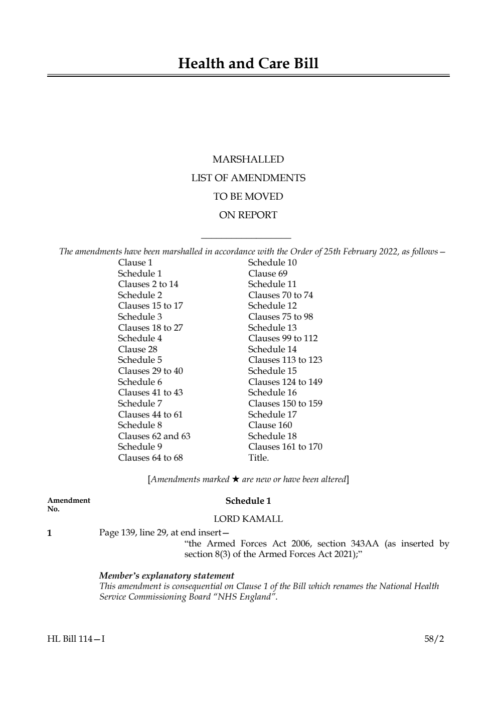 Health and Care Bill Marshalled List of Amendments to be moved on report