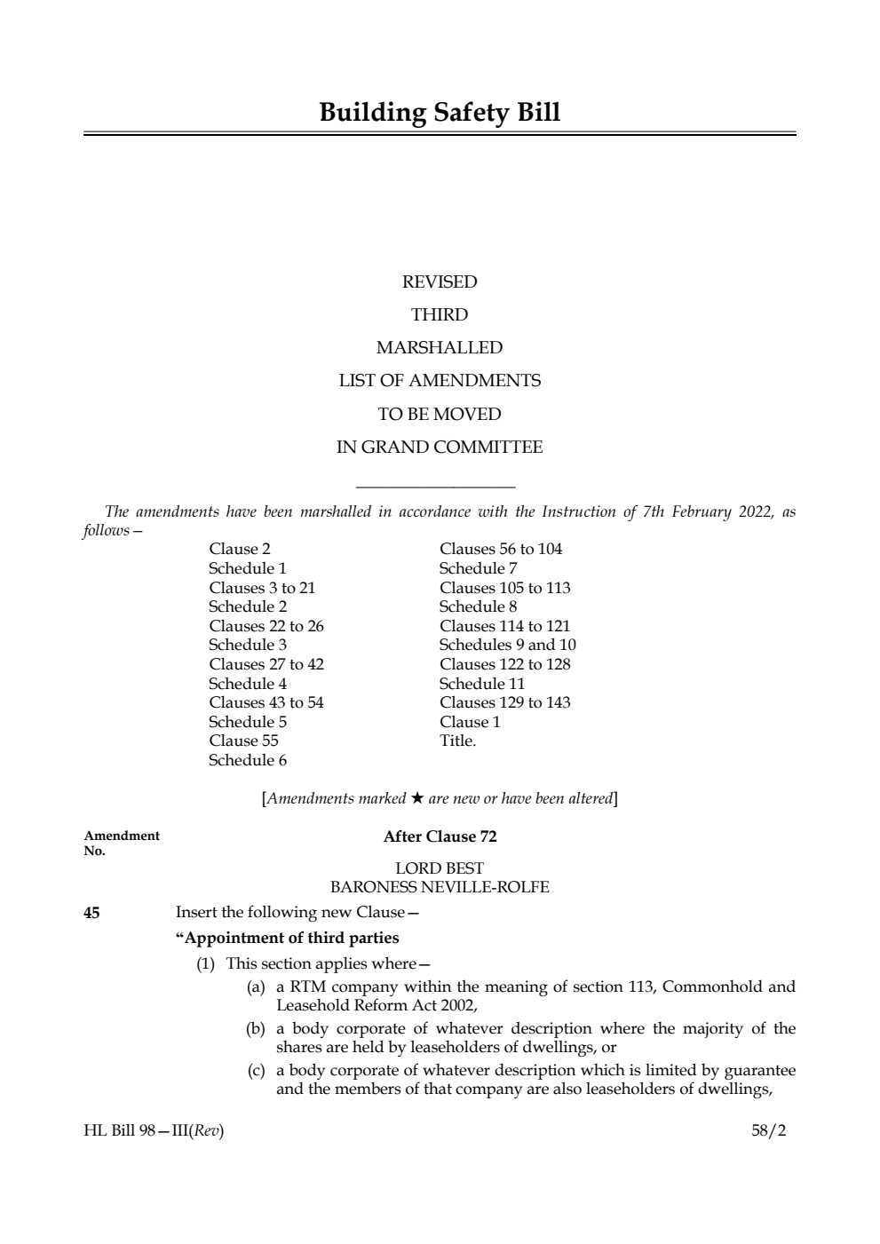 Building Safety Bill Revised Third Marshalled List of Amendments to be moved in Grand Committee