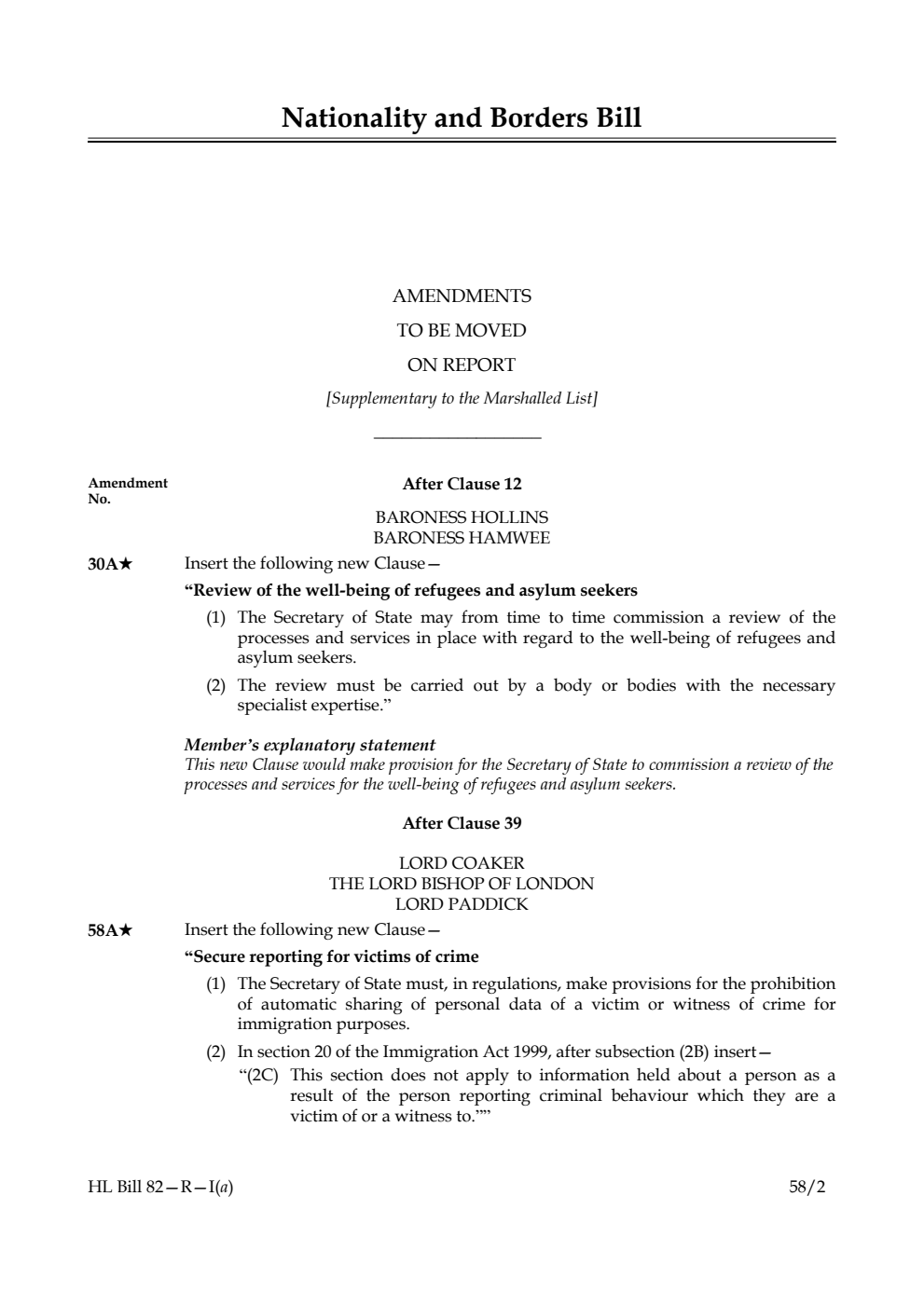 Nationality and Borders Bill Amendments to be moved on Report [Supplementary to the Marshalled List]