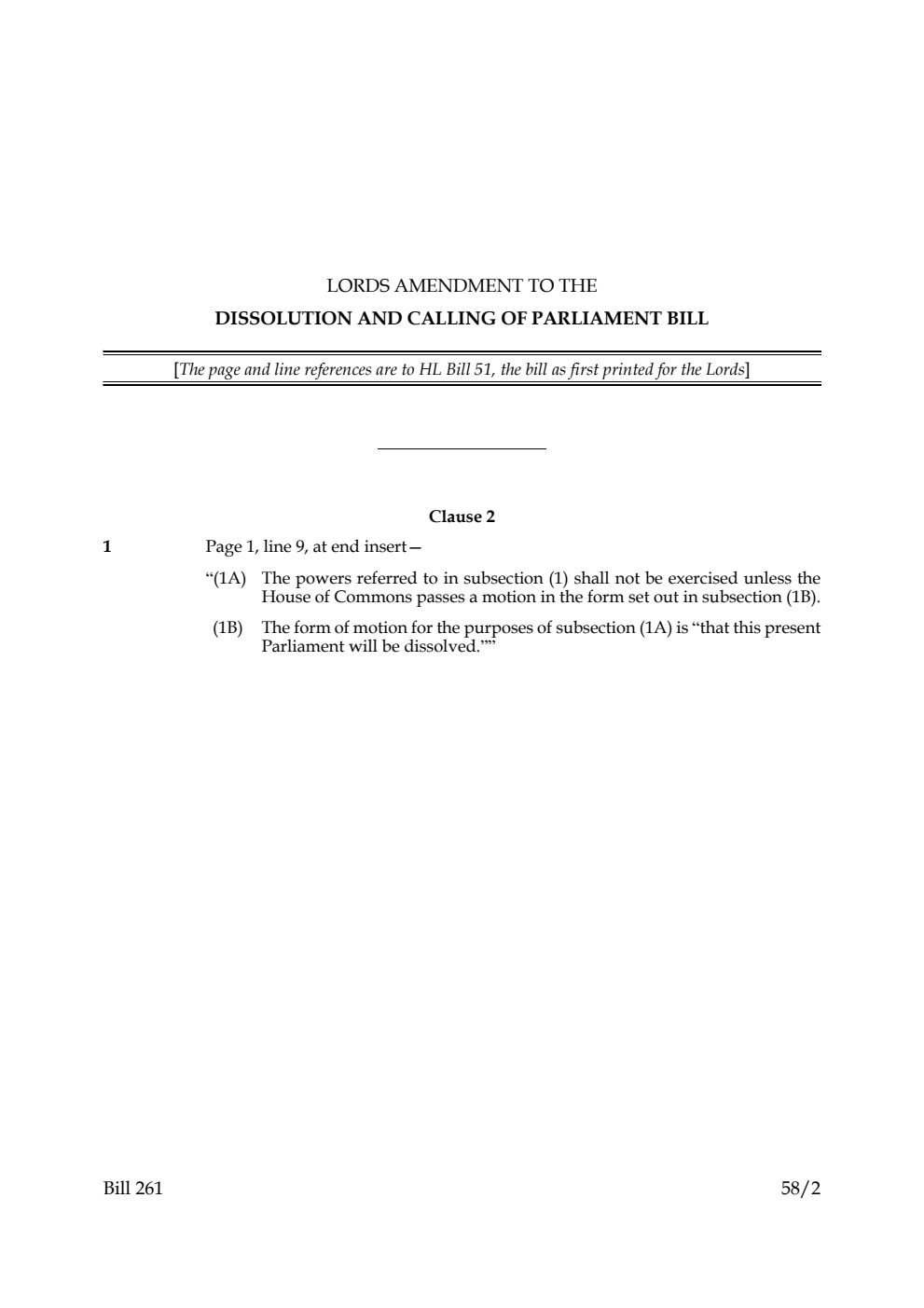 Lords Amendments to the Dissolution and Calling of Parliament Bill
