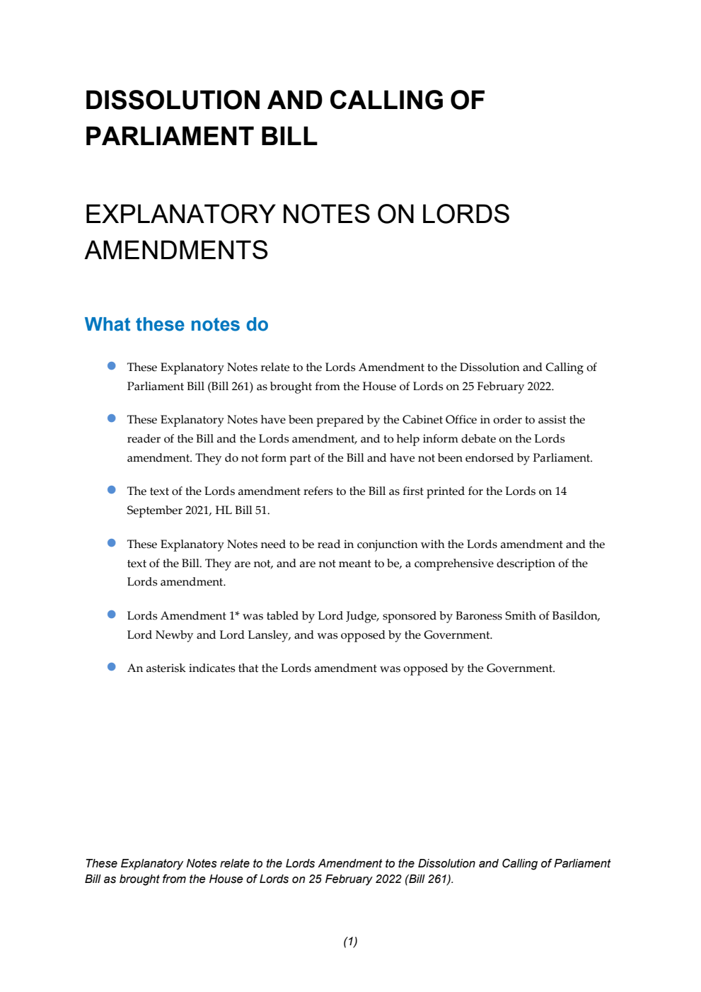 Dissolution and Calling of Parliament Bill Explanatory Notes on Lords Amendments