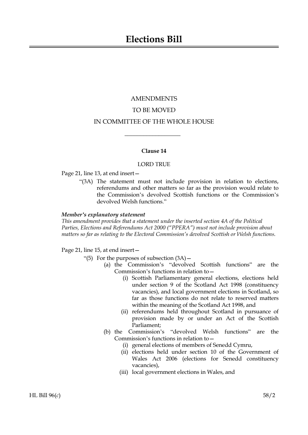 Elections Bill Amendments to be moved in Committee of the Whole House