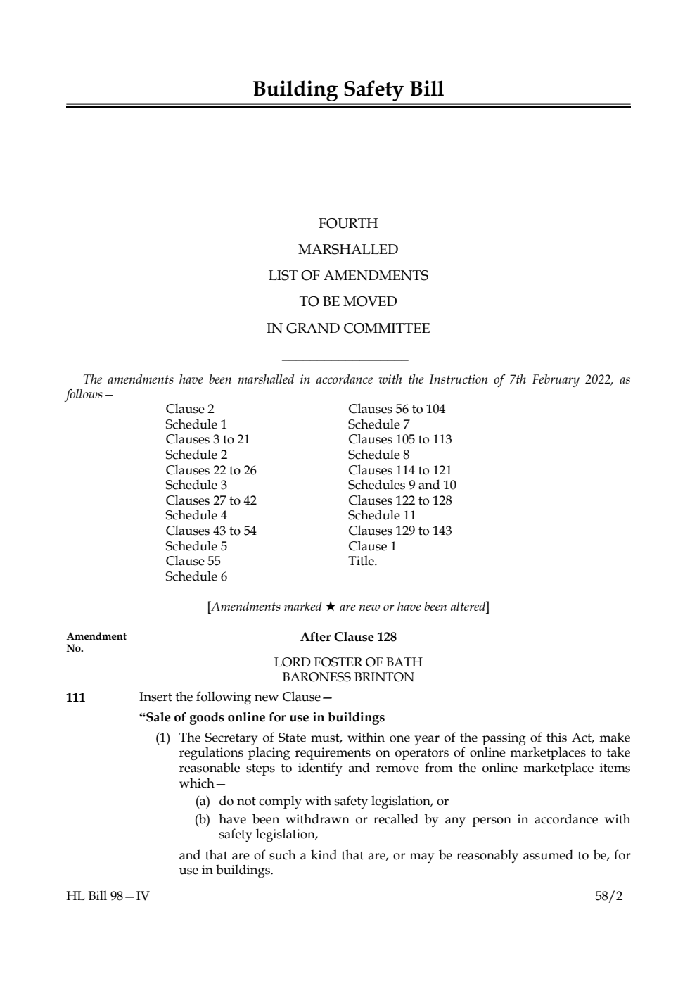Building Safety Bill Fourth Marshalled List of Amendments to be moved in Grand Committee