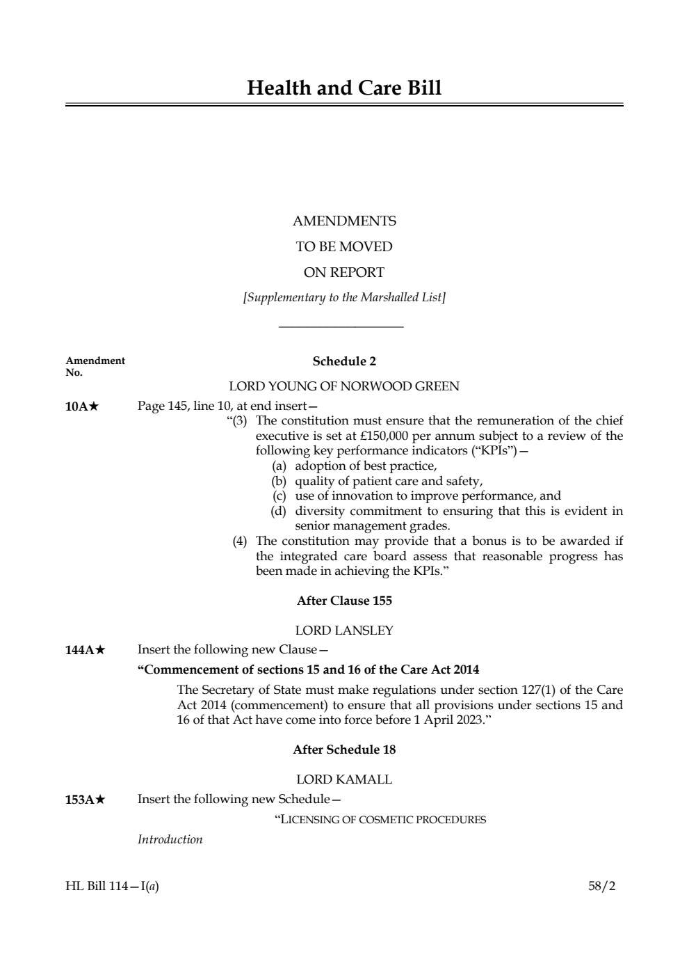 Health and Care Bill Amendments to be moved on Report [Supplementary to the Marshalled List]