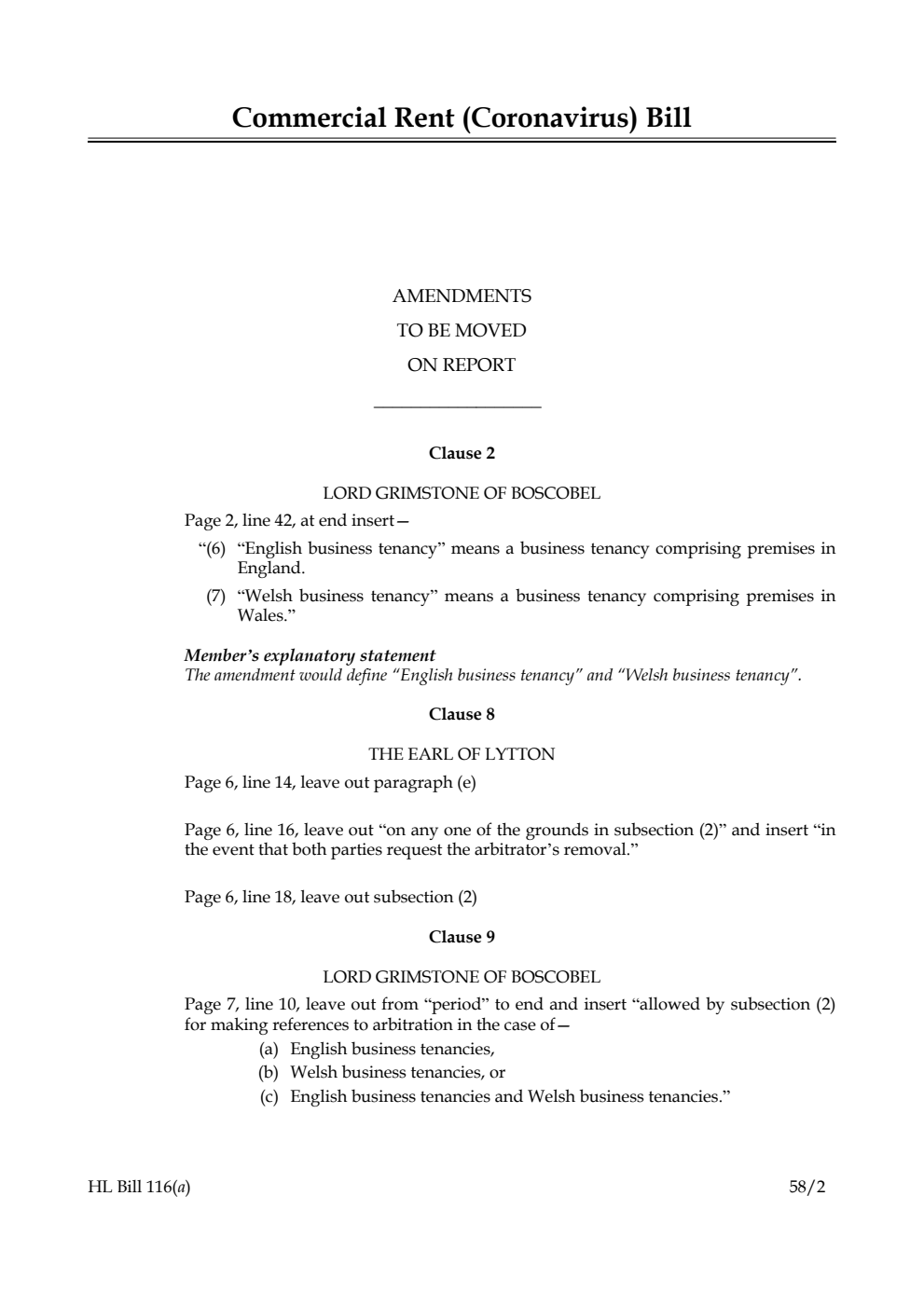 Commercial Rent (Coronavirus) Bill Amendments to be moved on Report