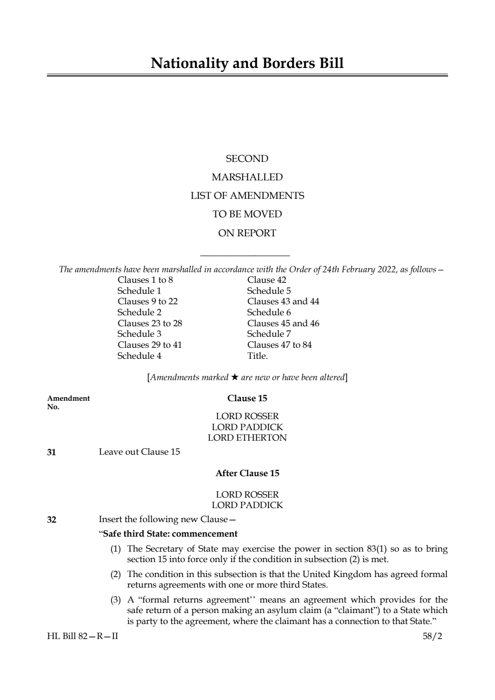 Nationality and Borders Bill Second Marshalled List of Amendments to be moved on report