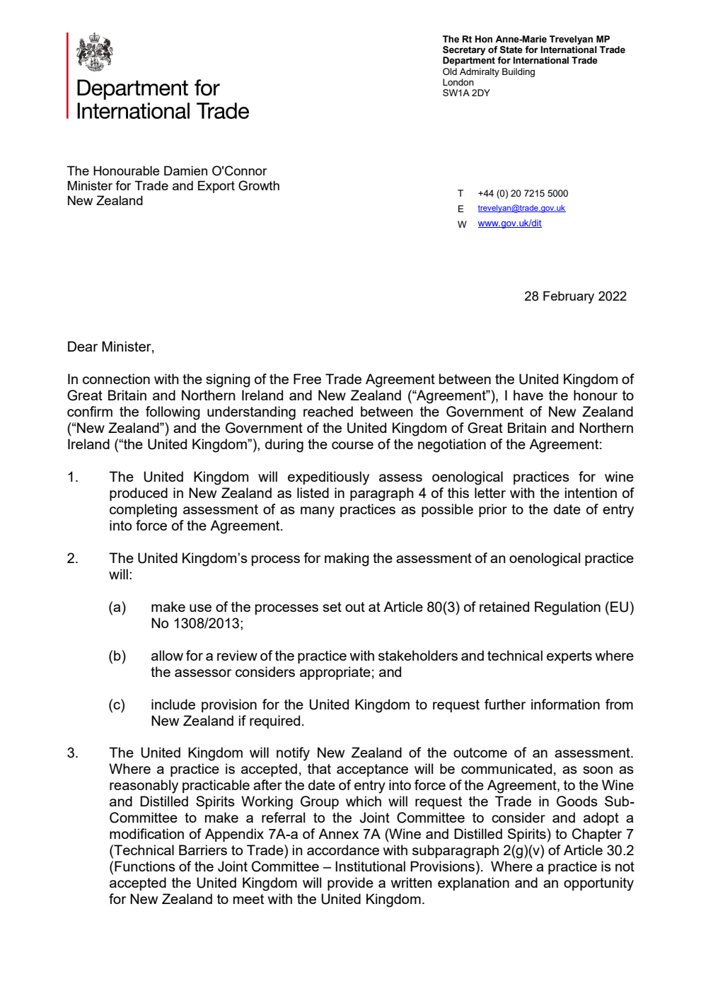 Free Trade Agreement between the United Kingdom of Great Britain and Northern Ireland and New Zealand - Associated documents