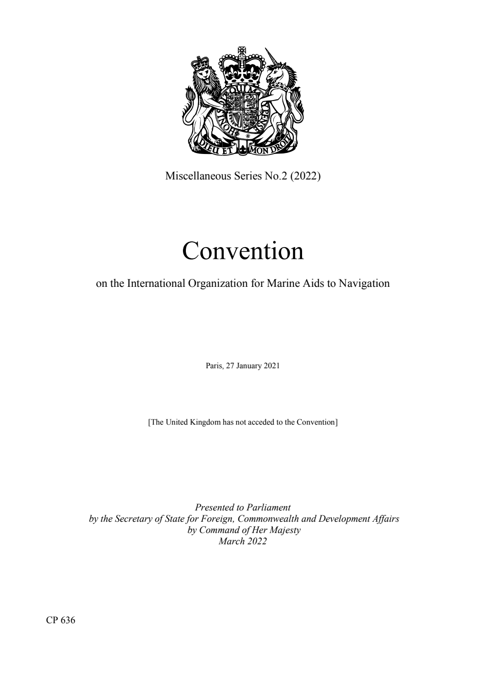 Miscellaneous Series No.2 (2022) Convention on the International Organization for Marine Aids to Navigation. Paris, 27 January 2021