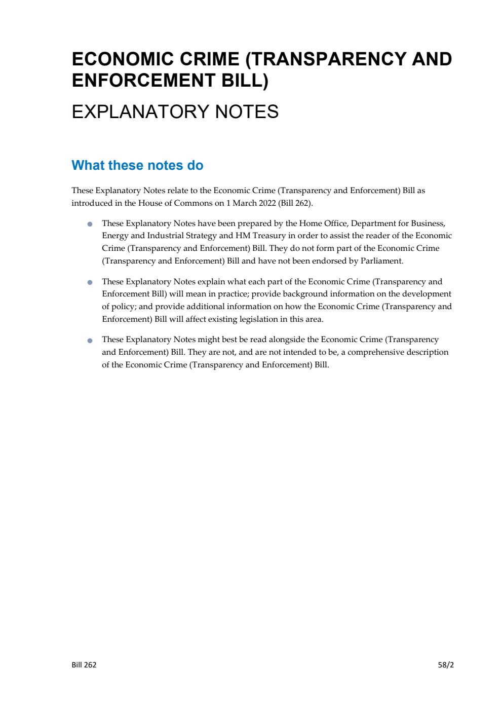 Economic Crime (Transparency and Enforcement) Bill Explanatory Notes