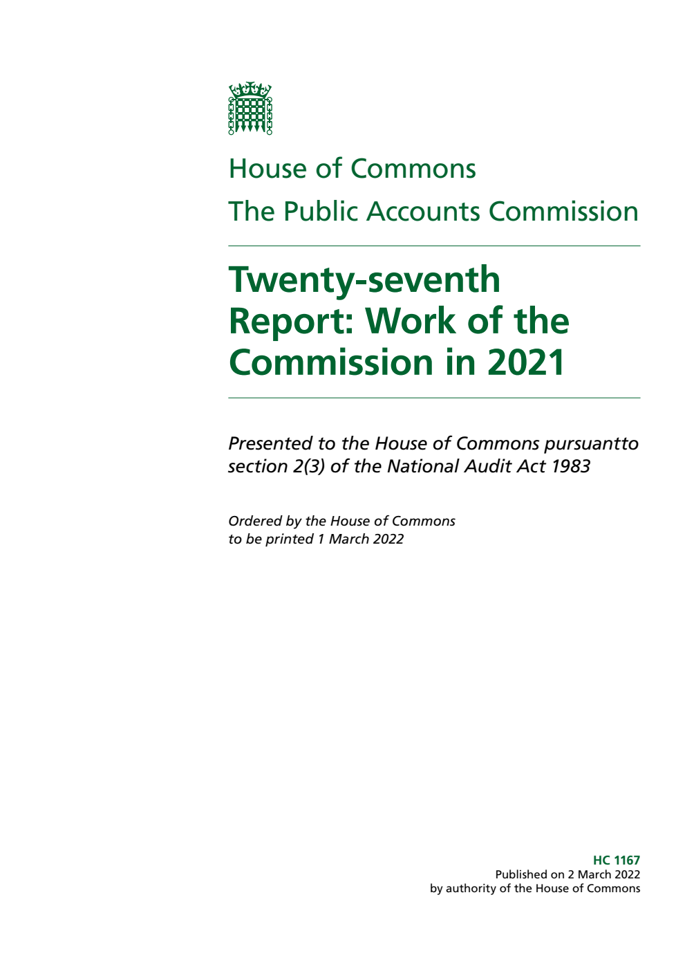 The Public Accounts Commission 27th Report. Work of the Commission in 2021