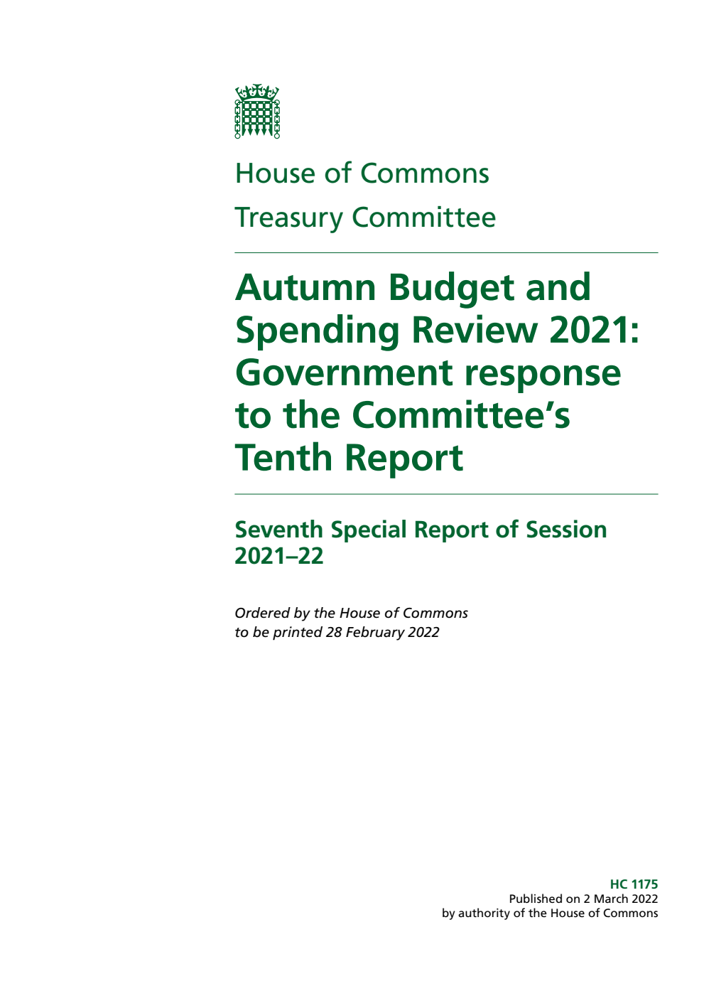 Treasury Committee 7th Special Report. Autumn Budget and Spending Review 2021: Government response to the Committee’s Tenth Report