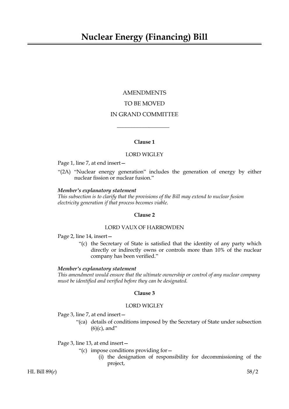 Nuclear Energy (Financing) Bill Amendments to be moved in Grand Committee