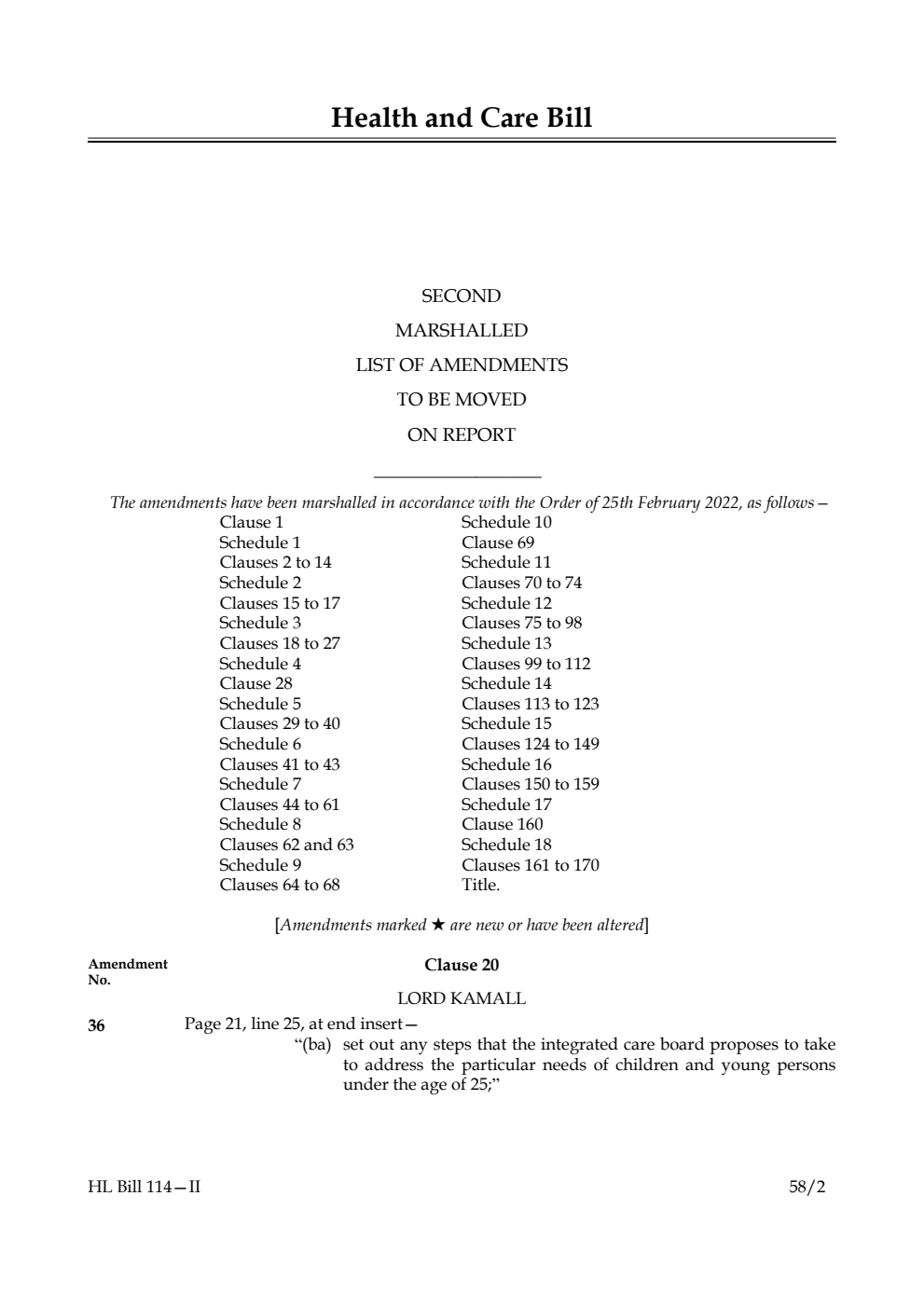 Health and Care Bill Second Marshalled List of Amendments to be moved on report