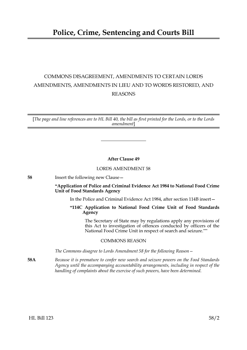 Police, Crime, Sentencing and Courts Bill Commons disagreement, amendments to certain Lords amendments, amendments in lieu and to words restored, and reasons