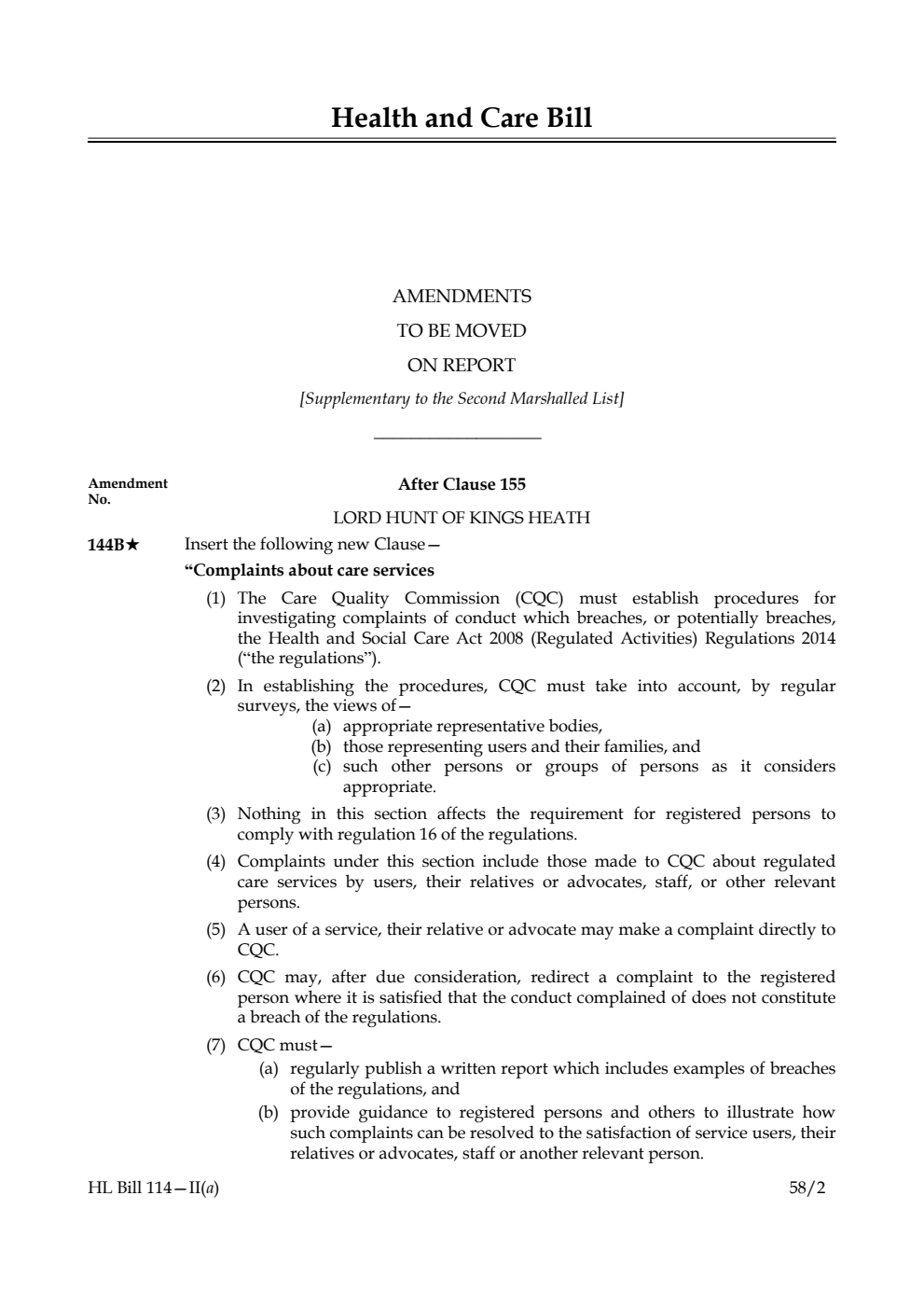 Health and Care Bill Amendments to be moved on Report [Supplementary to the Second Marshalled List]