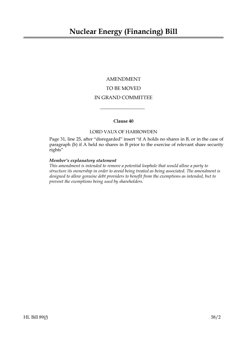 Nuclear Energy (Financing) Bill Amendment to be moved in Grand Committee