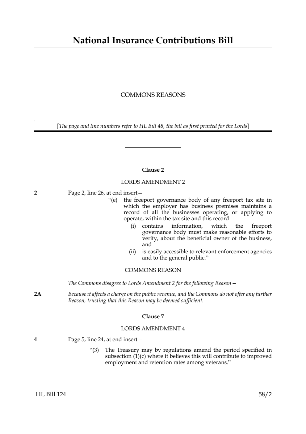 National Insurance Contributions Bill Commons reasons