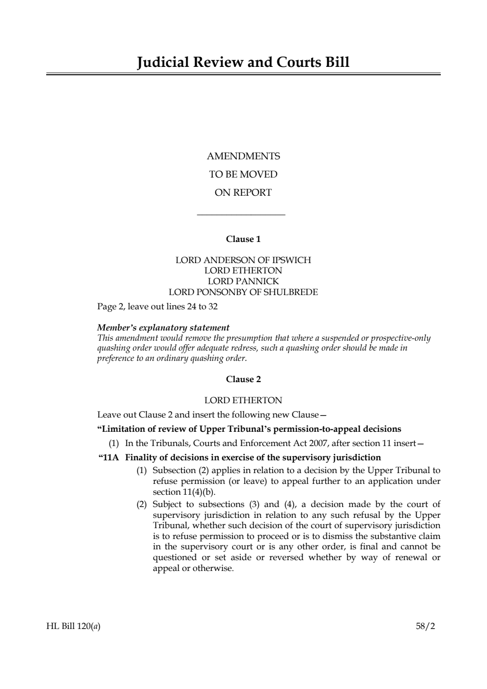 Judicial Review and Courts Bill Amendments to be moved on Report