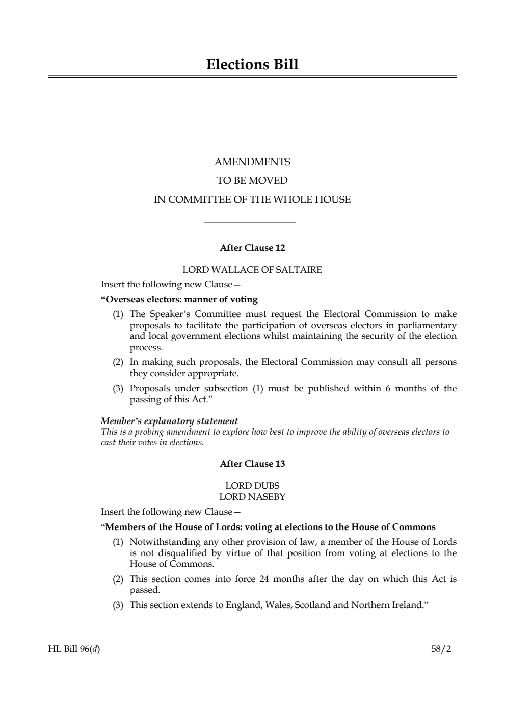 Elections Bill Amendments to be moved in Committee of the Whole House