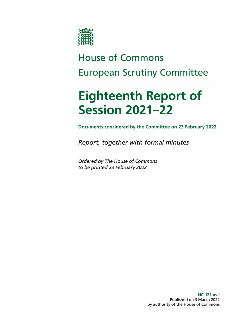European Scrutiny Committee 18th Report of Session 2021-22