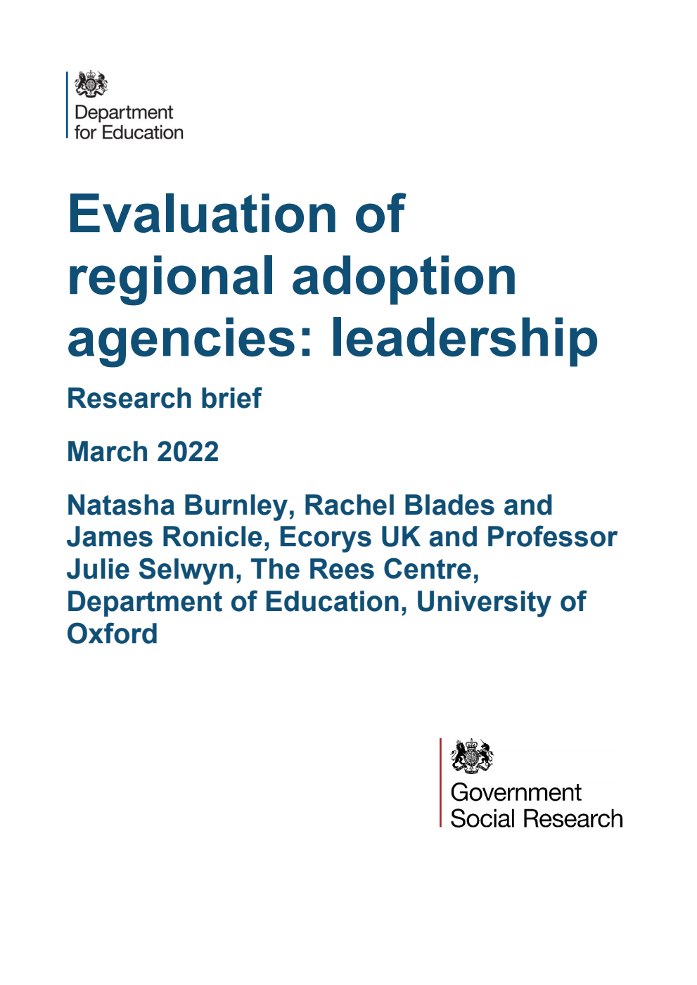 DFE-RR1190 Evaluation of regional adoption agencies: leadership. Research brief. March 2022