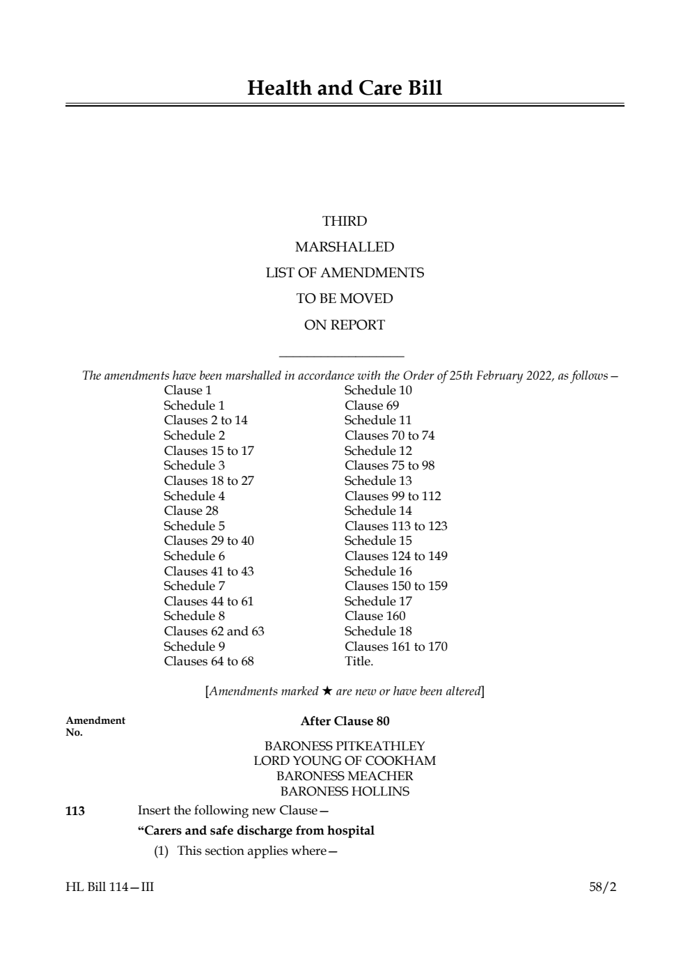 Health and Care Bill Third Marshalled List of Amendments to be moved on report