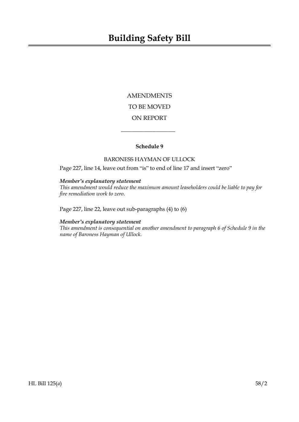 Building Safety Bill Amendments to be moved on Report