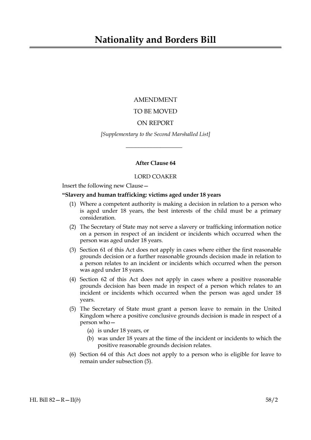 Nationality and Borders Bill Amendments to be moved on Report [Supplementary to the Second Marshalled List]