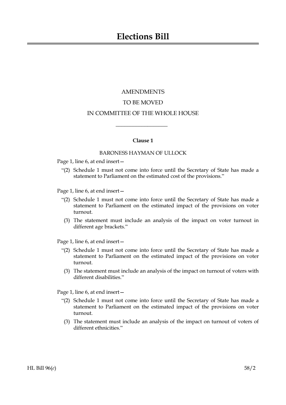 Elections Bill Amendments to be moved in Committee of the Whole House