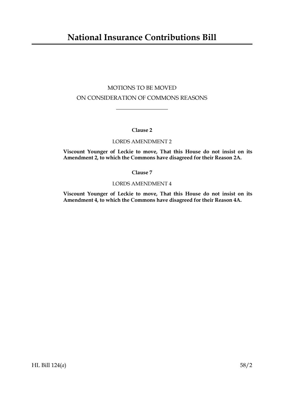 National Insurance Contributions Bill Motions to be moved on consideration of Commons reasons