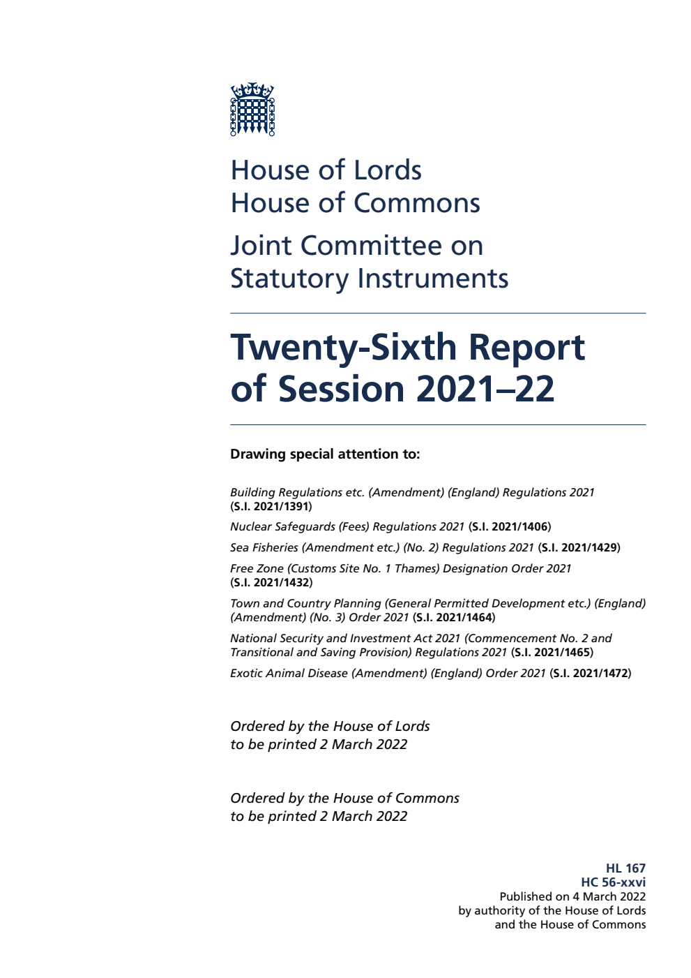 Joint Committee on Statutory Instruments 26th Report of Session 2021-22