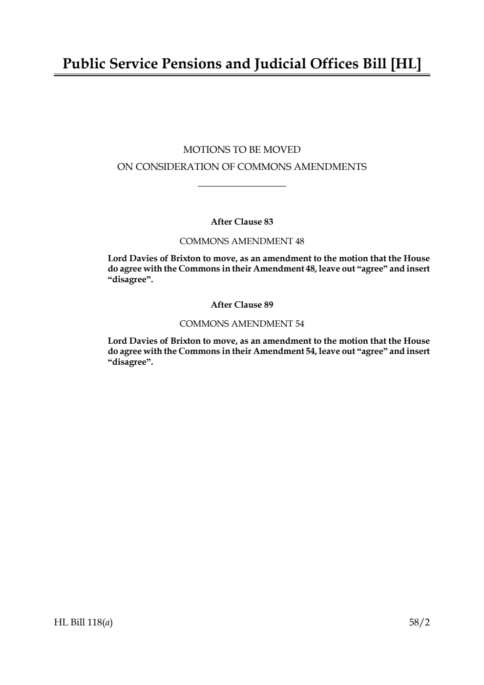 Public Service Pensions and Judicial Offices Bill Motions to be moved on consideration of Commons amendments