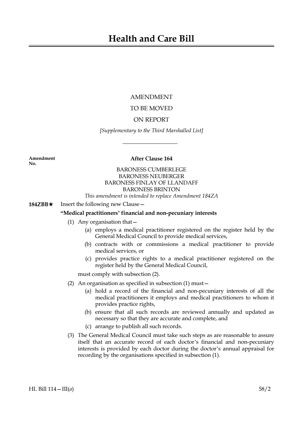Health and Care Bill Amendment to be moved on Report [Supplementary to the Third Marshalled List]